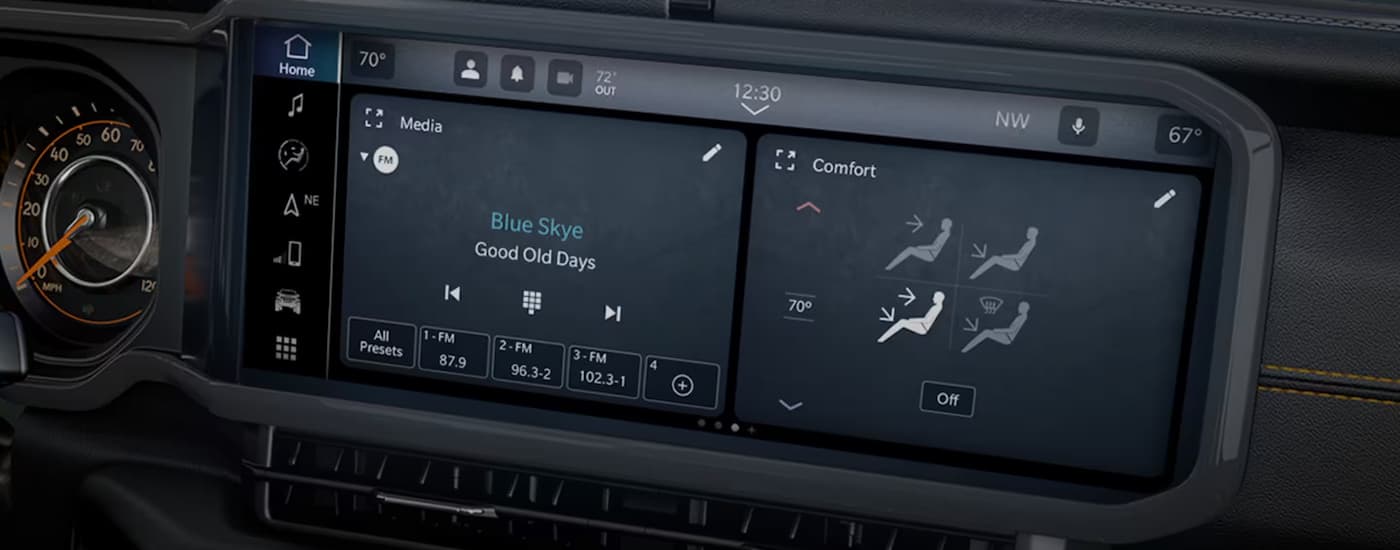 A close up of the infotainment screen in a 2024 Jeep Wrangler is shown.